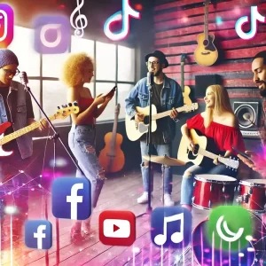 A group of musicians in a studio. Social media icon are hovering over the image